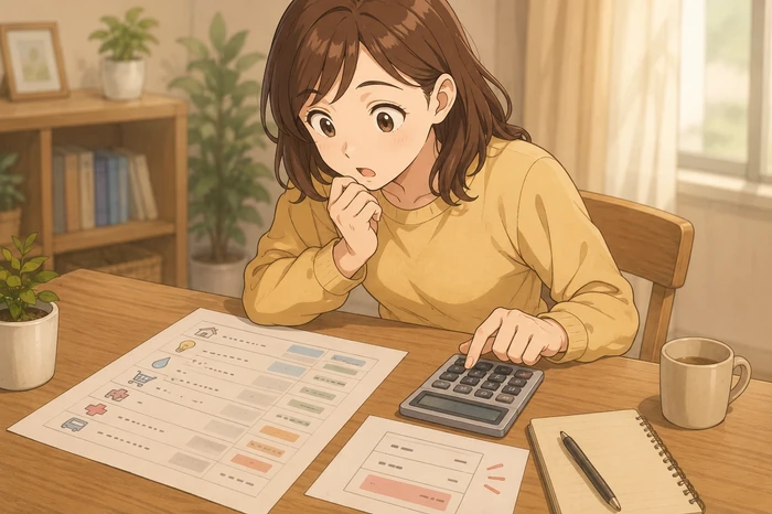 書類と電卓で収支を見比べて残額の少なさに気づく女性のイラスト画像