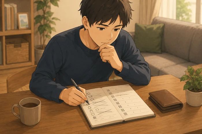ノートに外出や支出の選択肢を書き、行きたい予定を諦めている男性のイラスト画像