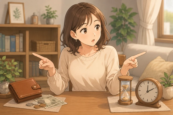 収入と自分の時間を比べて考える女性のイラスト画像