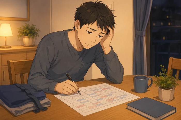 夜にシフト表を書き込みながら疲れを感じる男性のイラスト画像