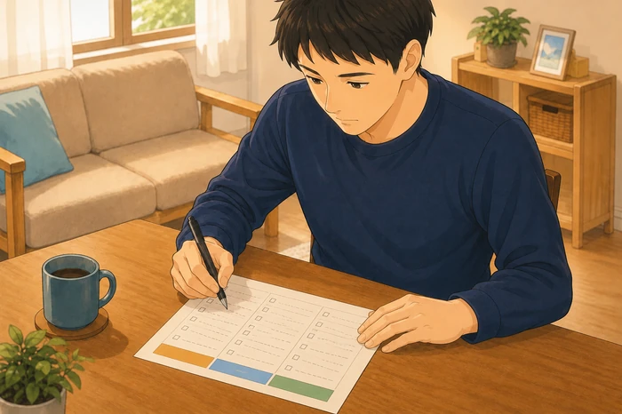 時間とお金の三項目を分けた表に記入している男性のイラスト画像